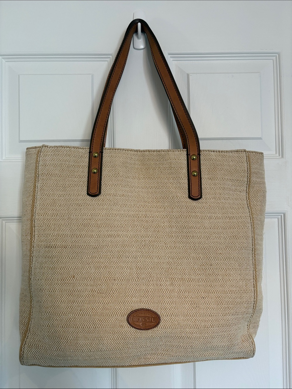 FOSSIL Natural Canvas Tote with Tan Handles